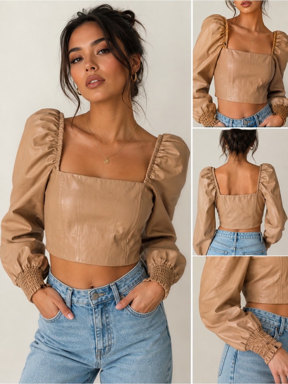 7 For All Mankind Faux Leather Puff-Sleeve Crop Top